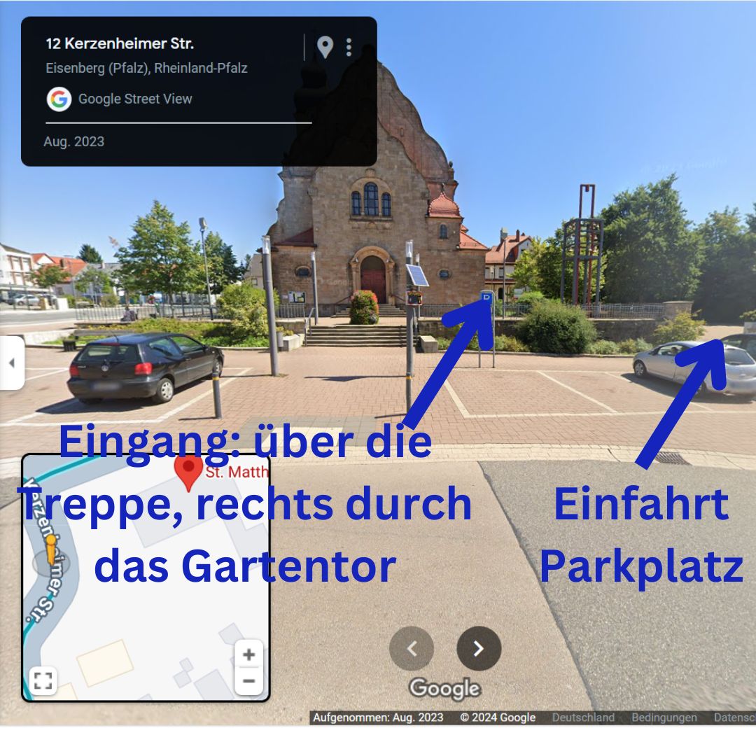 Der Eingang befindet sich rechts neben der Kirche. Sie parken unterhalb der Kirche und nehmen den Weg durch den Pfarrgarten (Beschilderung Kreisvolkshochschule/Musikschule).
(Bild: GoogleStreetview)